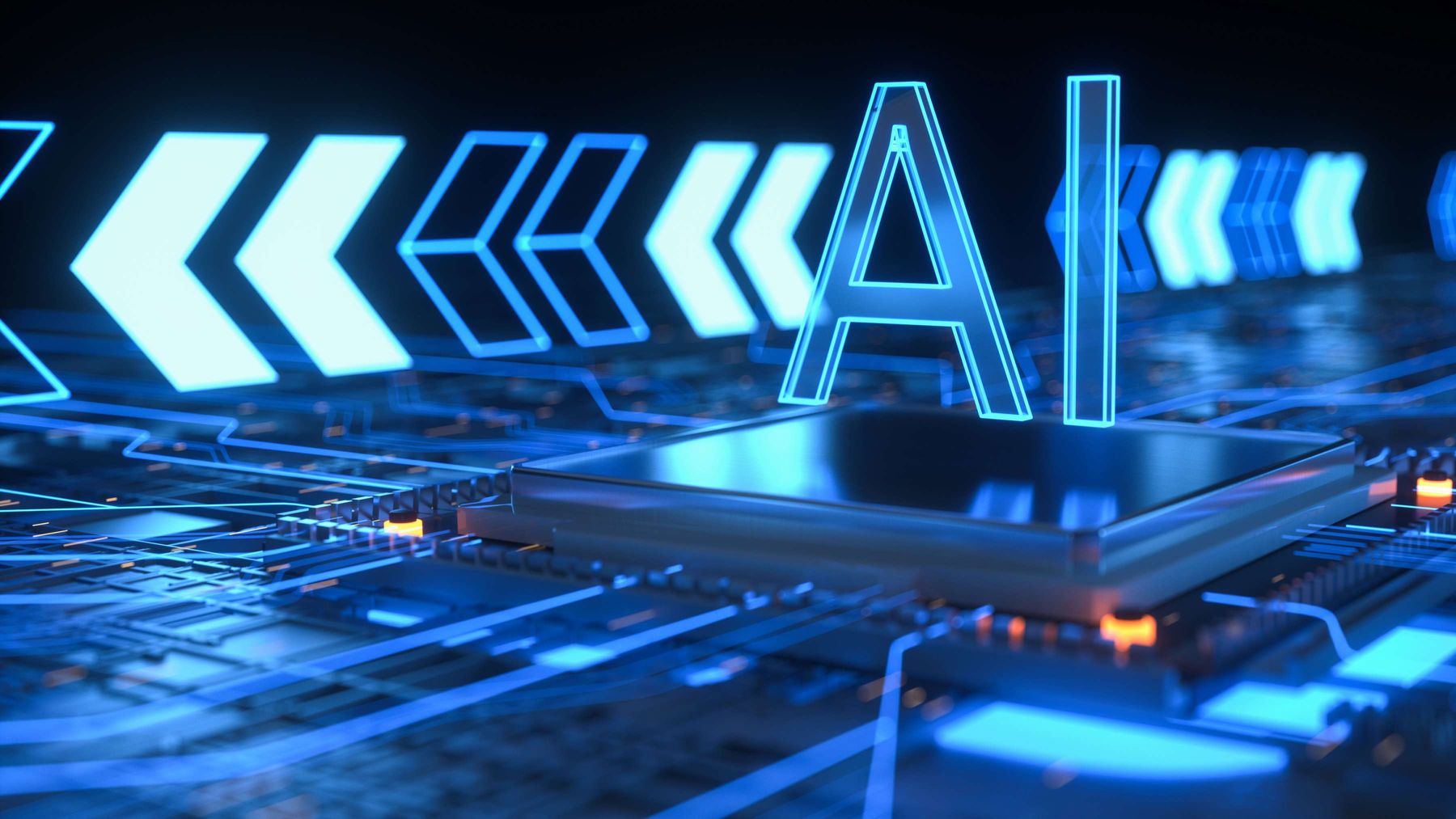 Glowing blue AI hologram rising from a processor on a dark circuit board lined with neon chevrons.