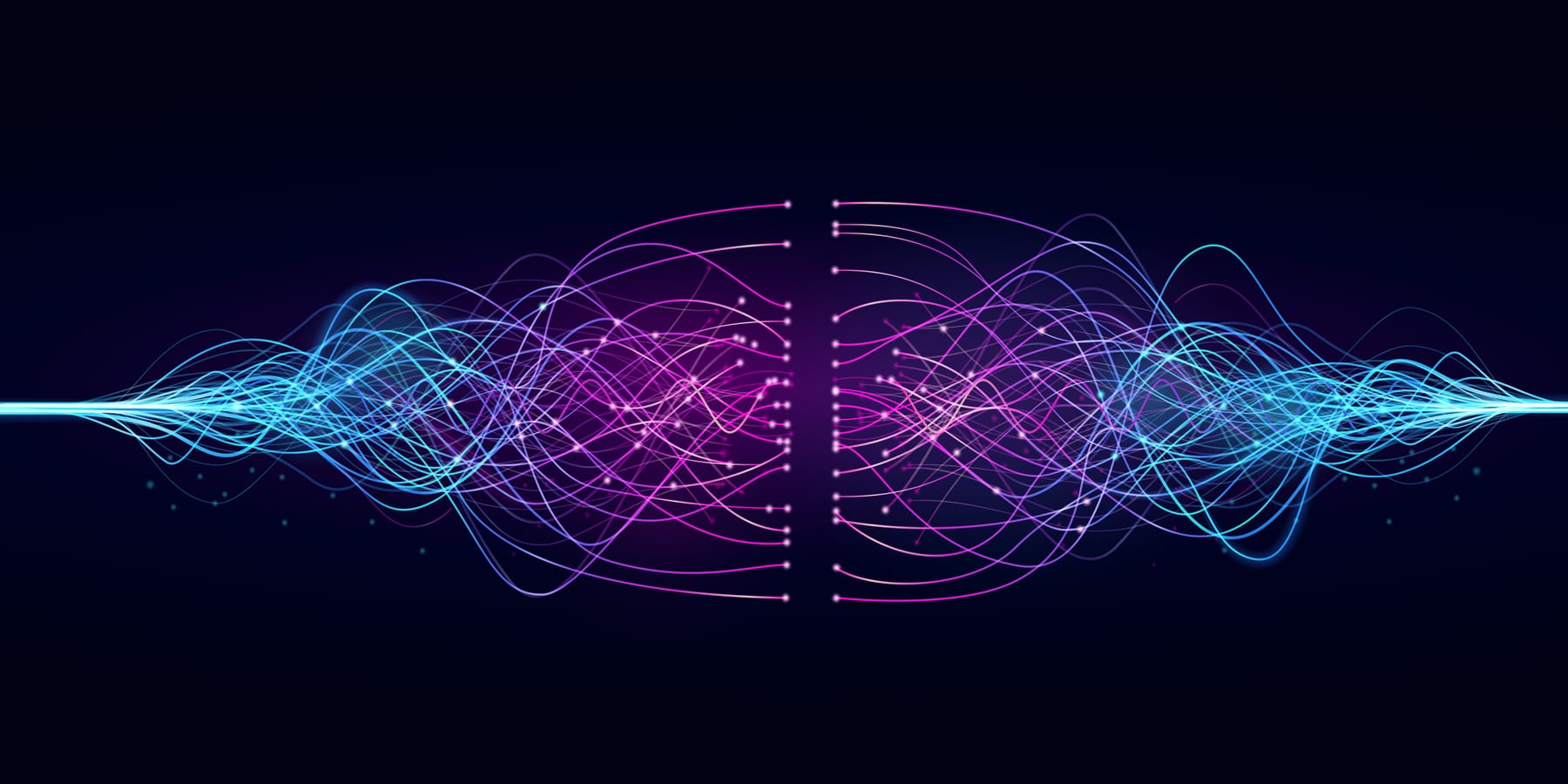 Abstract neon waveform of intertwined cyan and magenta signal lines on a dark background.