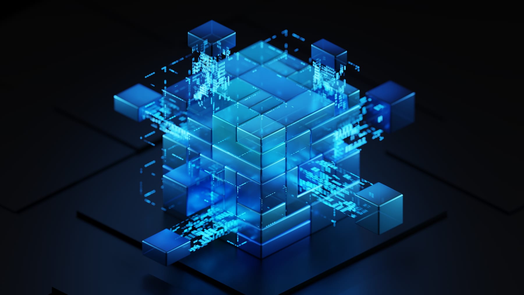 Isometric glowing blue cube assembled from smaller blocks with data particles feeding into it.