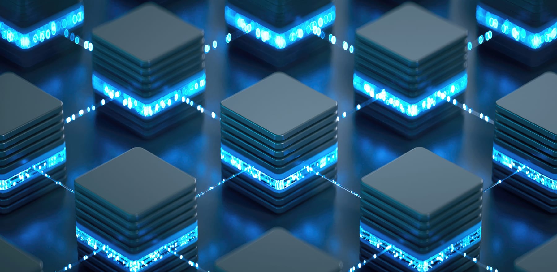 3D render of layered compute nodes in a grid connected by glowing blue light trails.