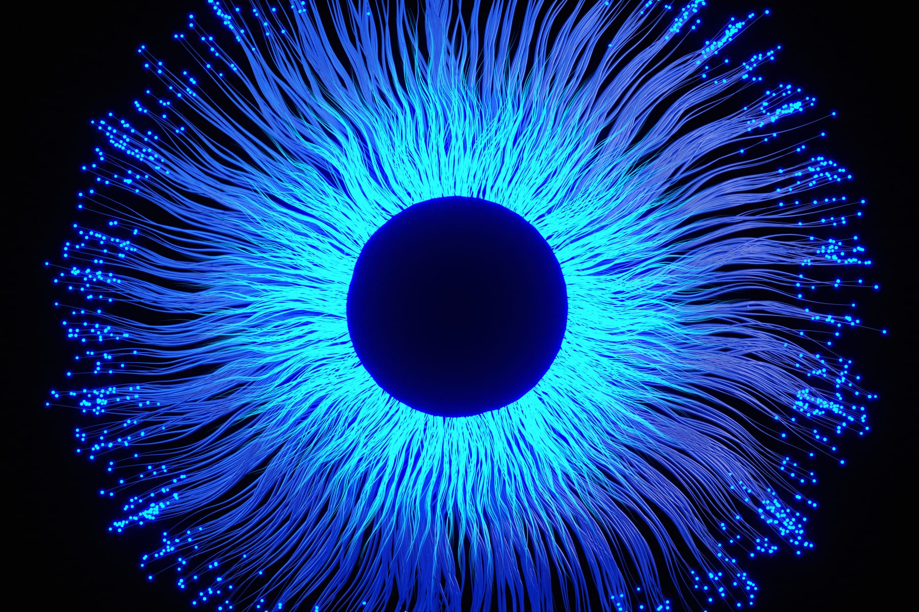 Glowing blue fiber-optic strands radiating from a dark circular center like an iris.
