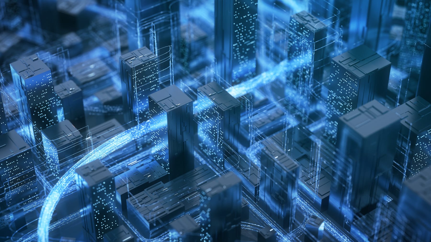 Isometric digital city of dark buildings with glowing blue data streams flowing between them.