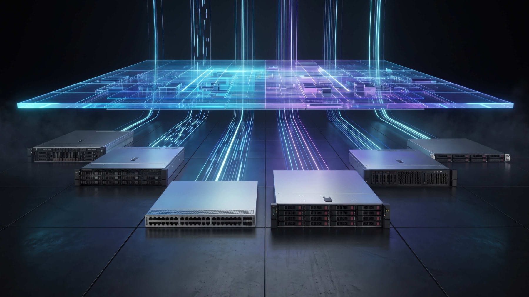 Translucent blue holographic circuit plane floating above rack servers and a network switch, with light streams flowing down into them.