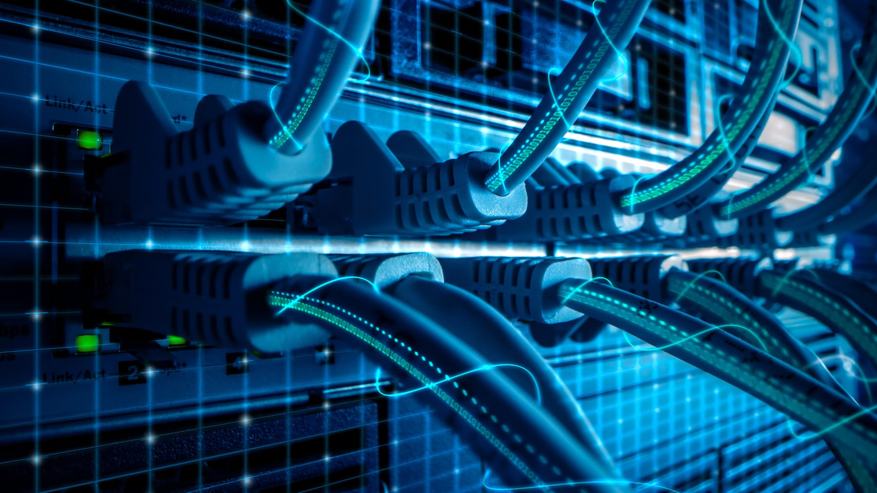 Close-up of Ethernet cables in switch ports overlaid with glowing binary data streams.