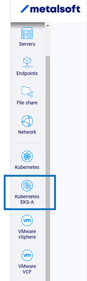 MetalSoft platform left navigation panel with Servers, Endpoints, File share, Network, Kubernetes, Kubernetes EKS-A (highlighted), VMware vSphere, and VMware VCF options.