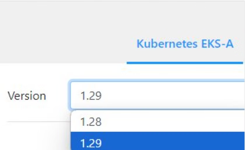 Kubernetes EKS-A tab showing a Version dropdown with options 1.28 and 1.29, with 1.29 selected.