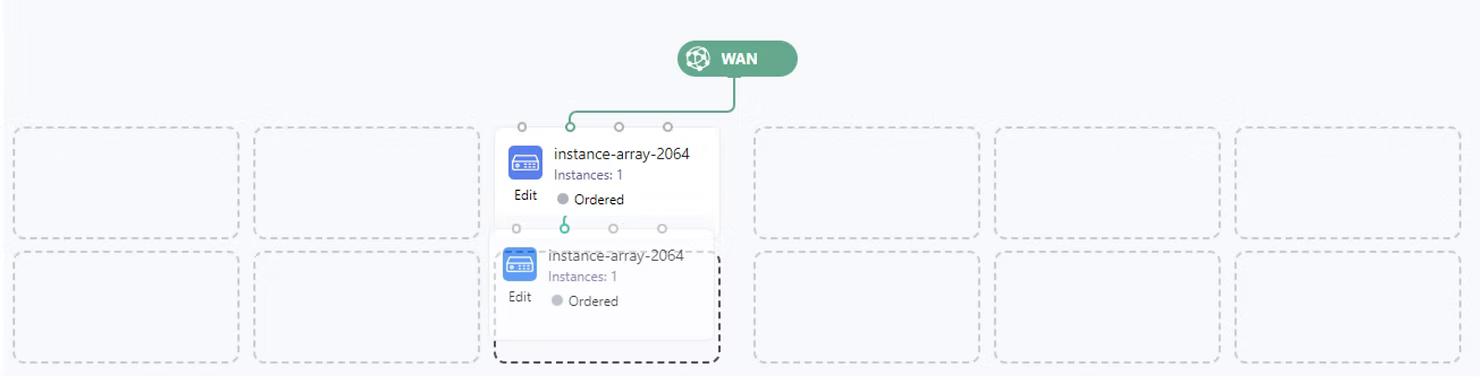 Intent Definition canvas showing a WAN pill connected to an instance-array-2064 card being dragged and dropped into a grid of dashed placeholder slots.