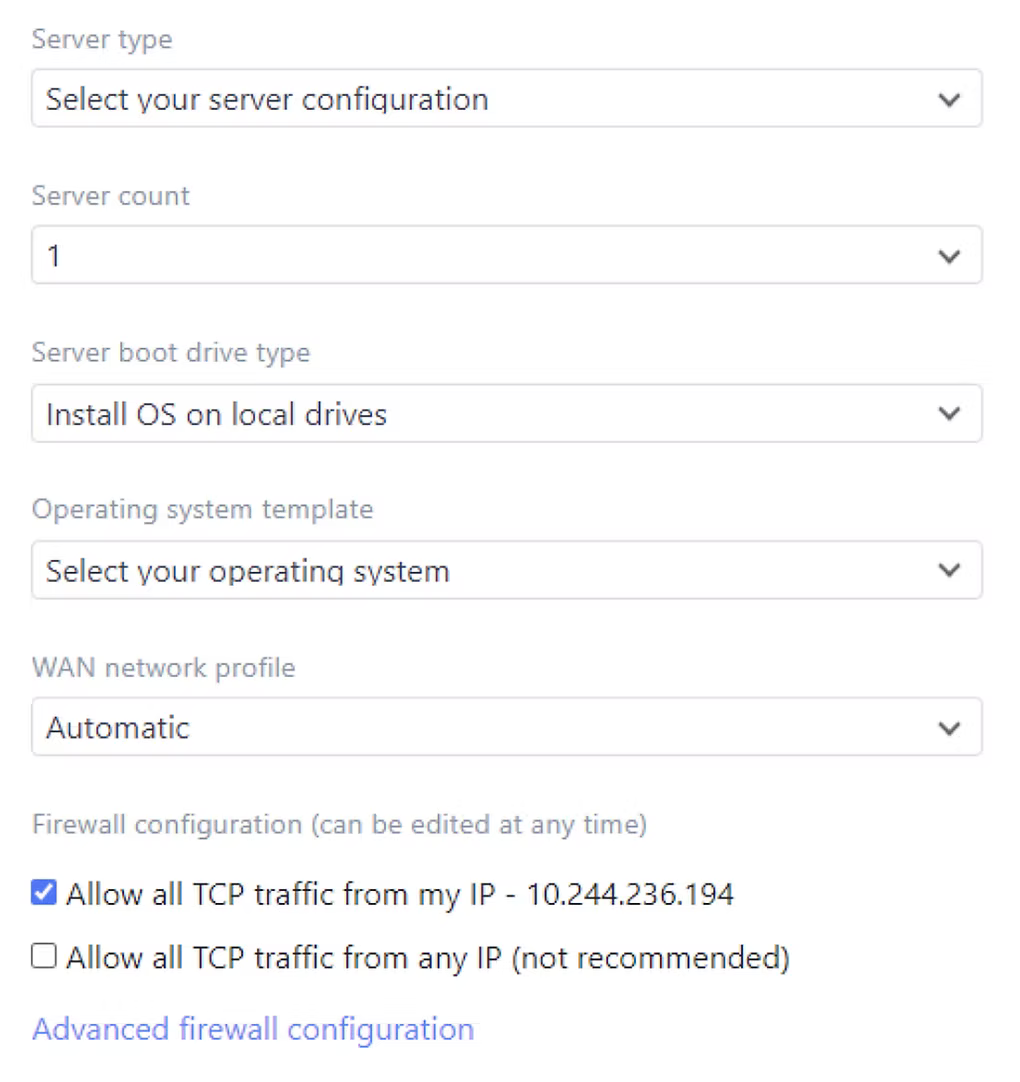 Compute intent form with dropdowns for server type, server count, server boot drive type (Install OS on local drives), operating system template, and WAN network profile (Automatic), plus firewall configuration checkboxes allowing TCP traffic from the user's IP.