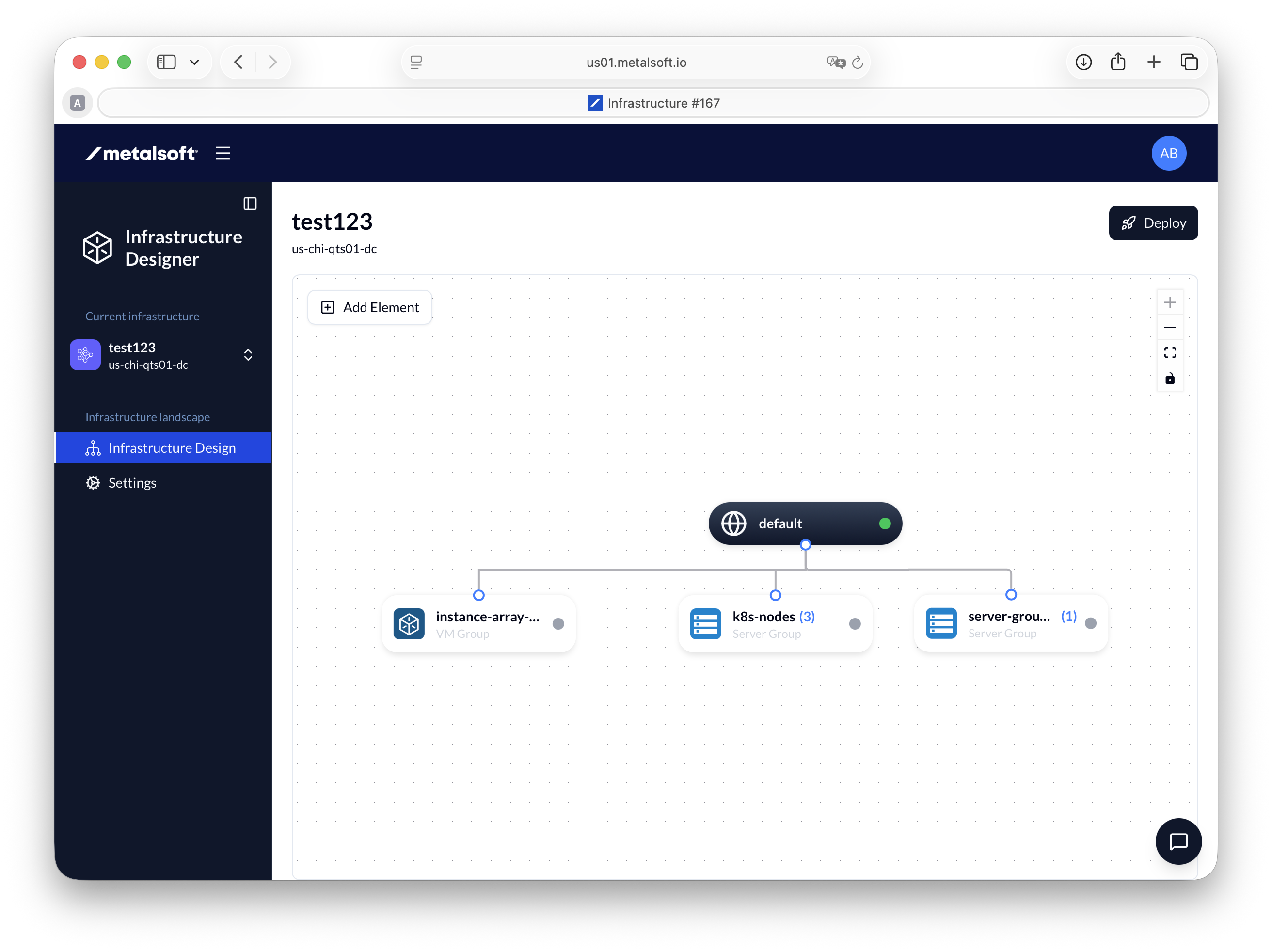 MetalSoft Infrastructure Designer showing a deployed infrastructure with VM and server groups