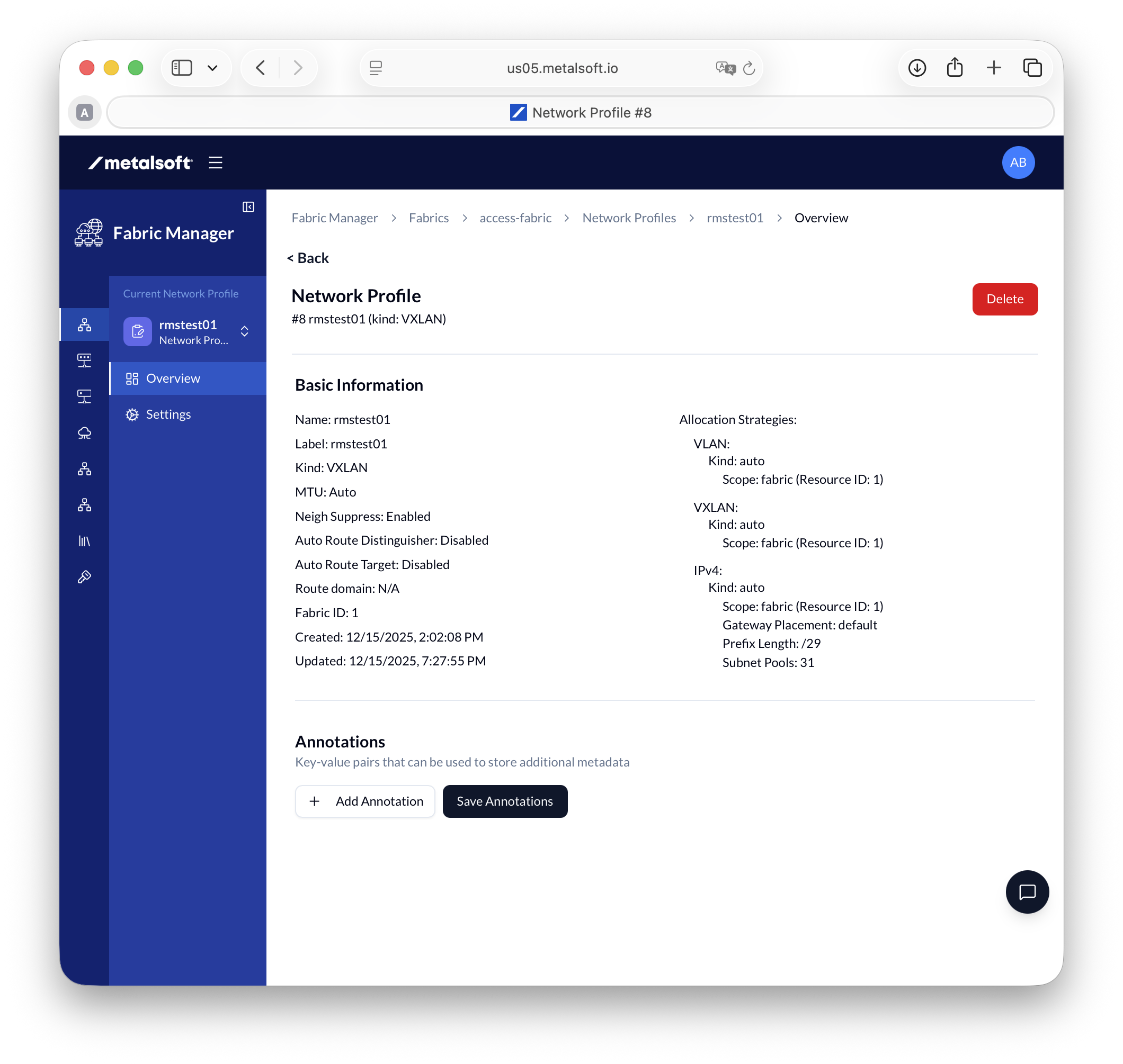 MetalSoft Fabric Manager showing the overview of a VXLAN network profile (rmstest01) with basic information and VLAN, VXLAN, and IPv4 allocation strategies
